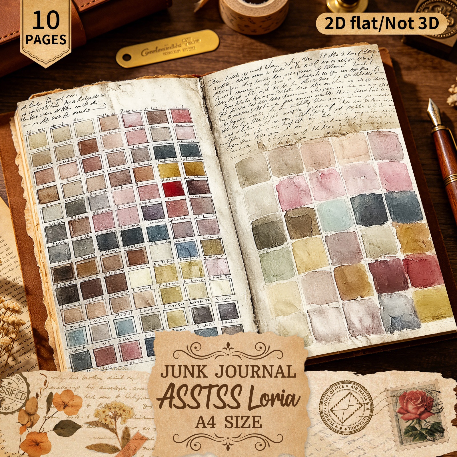 TEMU ASSTSSLORIA 10 feuilles A4 2D Plat Vintage Palette Vieille Scrapbooking Papier Ensemble, Journal de Démolition Artisanal et Papier d'Artisanat