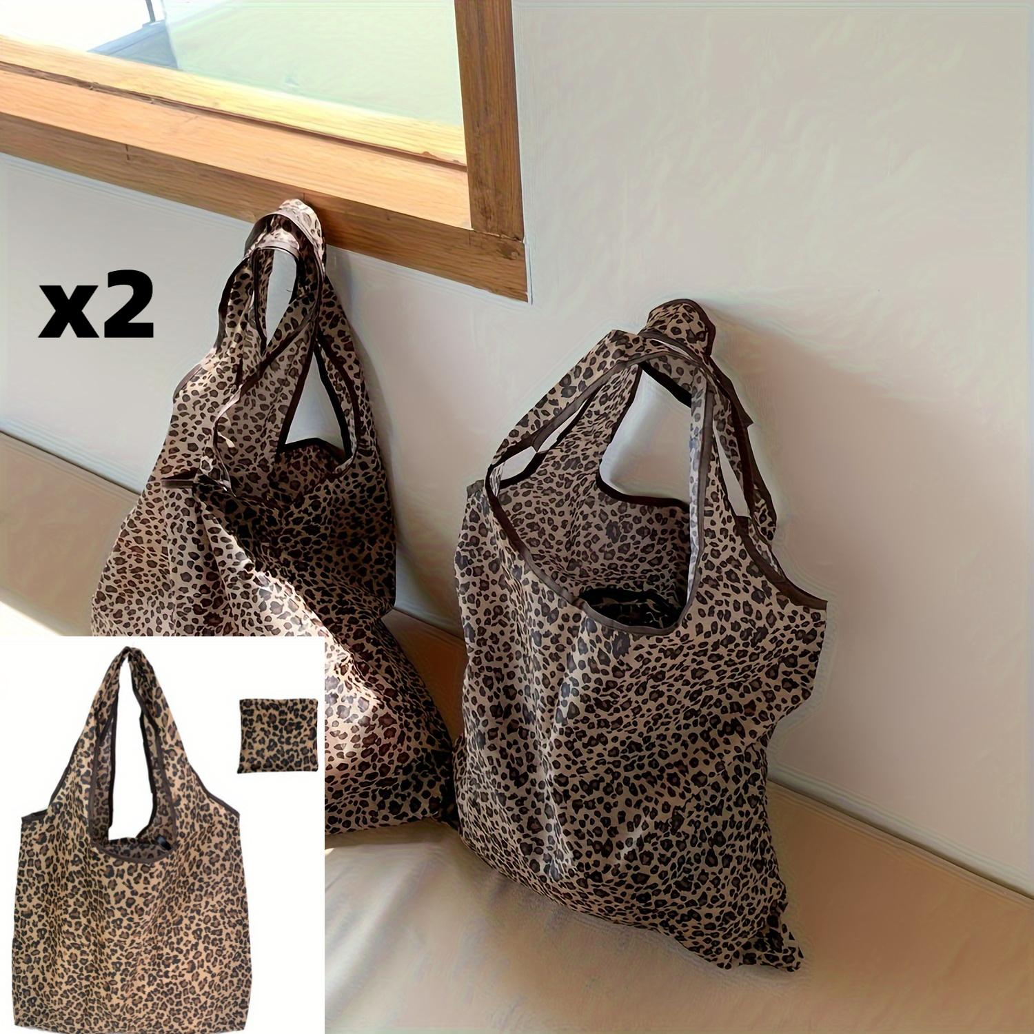 TEMU 2pcs Foldable Leopard Print Tote Bags, Lightweight And Durable, Made Of Nylon And, With Brown Spotted , Leak-proof, Suitable For Casual Use,
