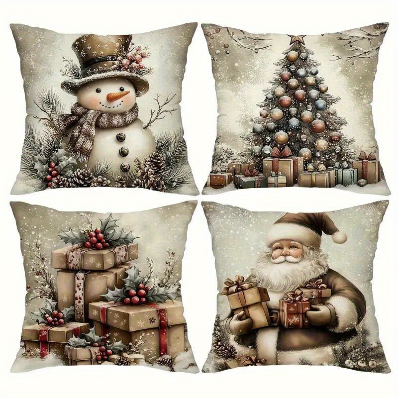TEMU Set van 4 Vintage Kerst Kussenslopen, 18x18 Inch, Alleen Handwas, Rits Sluiting, Decoratieve Kussenovertrekken. Geschikt voor Thuis, Boerderij