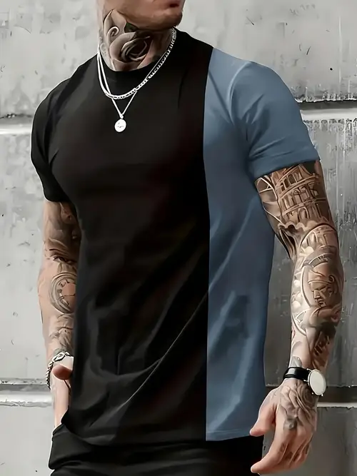 mens lightweight color block casual t shirt short sleeve round neck summer style black blue two tone design polyester knit fabric machine washable