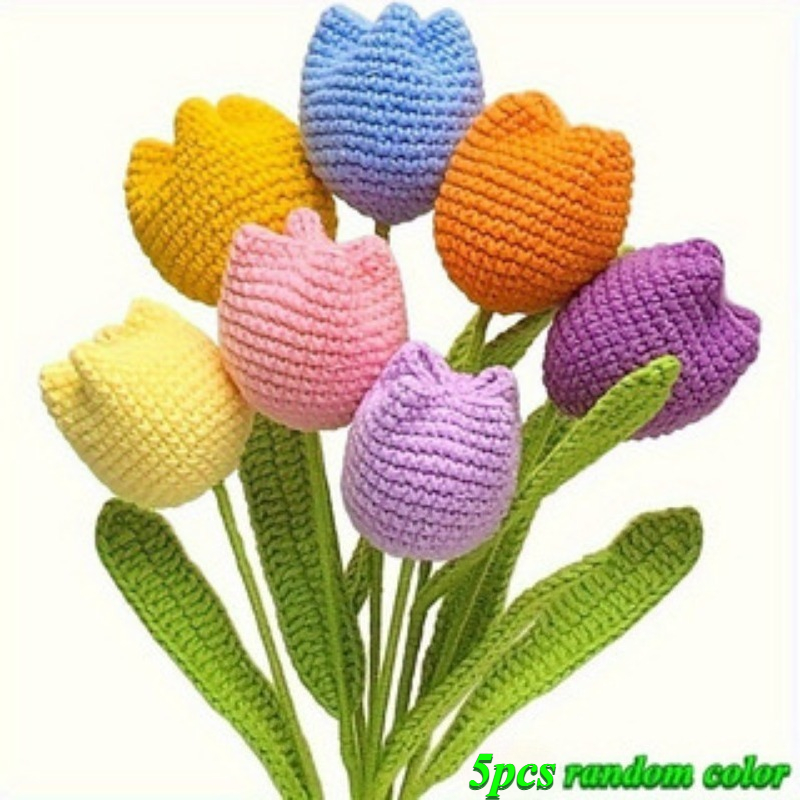 TEMU Lot de 5 tulipes artificielles, fausses fleurs au crochet, bouquet de tulipes tissées à , centre de table bouquet au crochet, cadeau de fête des