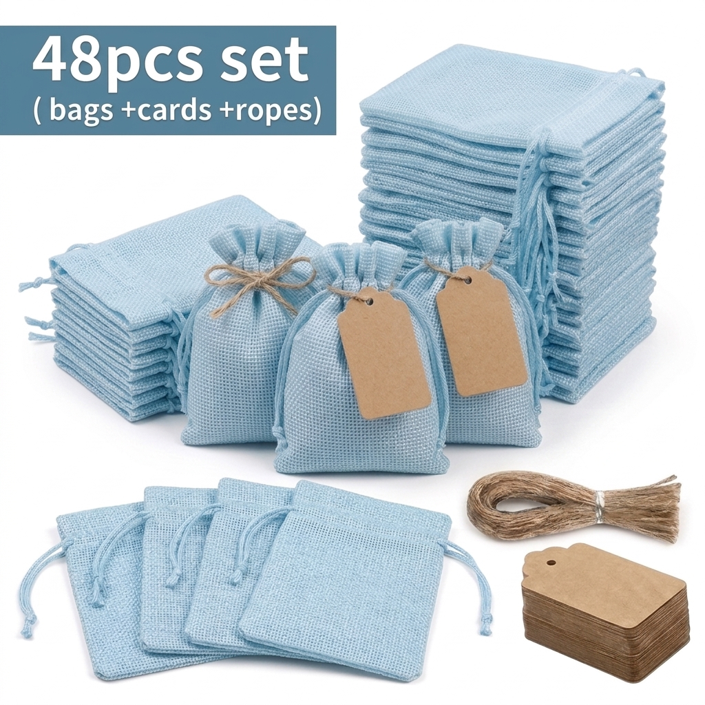 TEMU 48pcs Sacs à cordon en toile de jute avec étiquettes cadeaux en papier et corde de jute, ensemble de pochettes en tissu robuste et durable pour