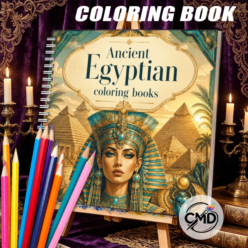 TEMU CMD Livre de coloriage égyptien antique à spirale, 24 pages d'art relaxant anti-stress, avec et scarabées, pour les anniversaires, Noël,