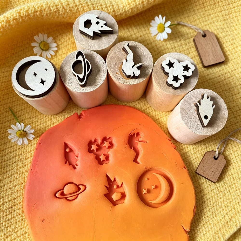 Set of Engineering Tool and Space-themed Wooden Stamps