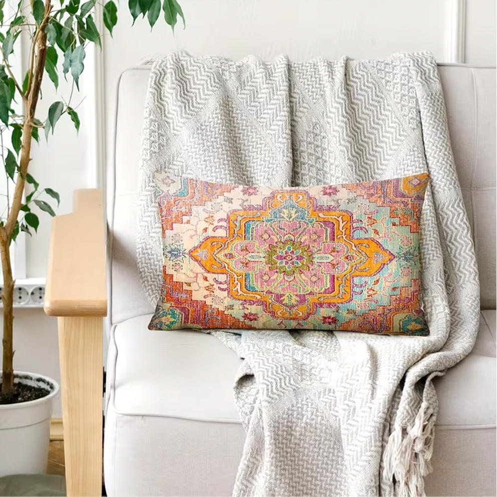 TEMU 1pc Bohemian Orange Waist Pillowcase, 12x20 Inches, Bohemian Mandala Pattern Linen Mattress Cover For Sofa Bed Decor, Indoor/outdoor Room