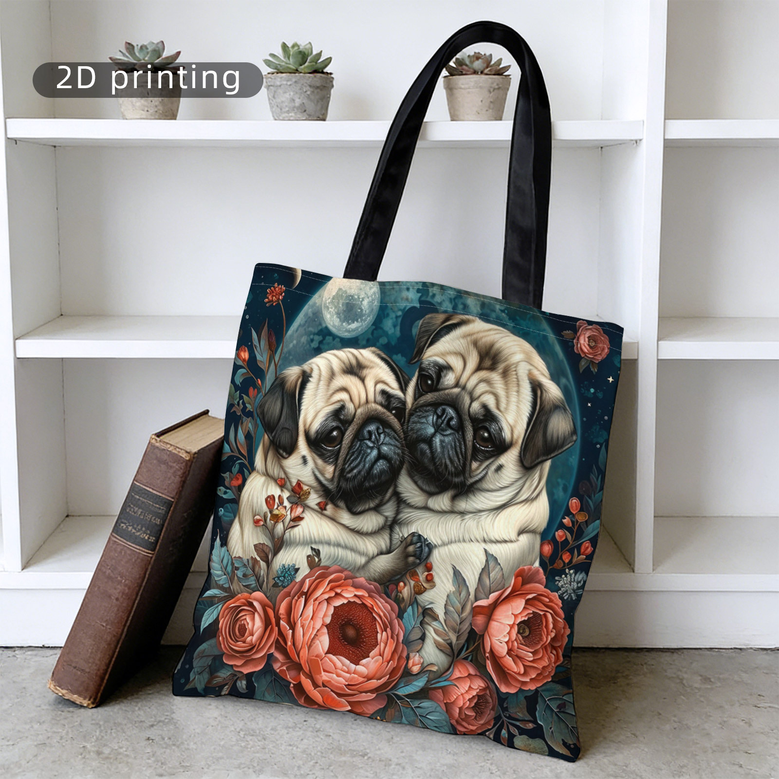 TEMU 1pc Women's Shoulder Bag, Moonlight Pug Print Tote Bag, Large Capacity Durable Reusable, Easy To Store, Suitable For Shopping/daily