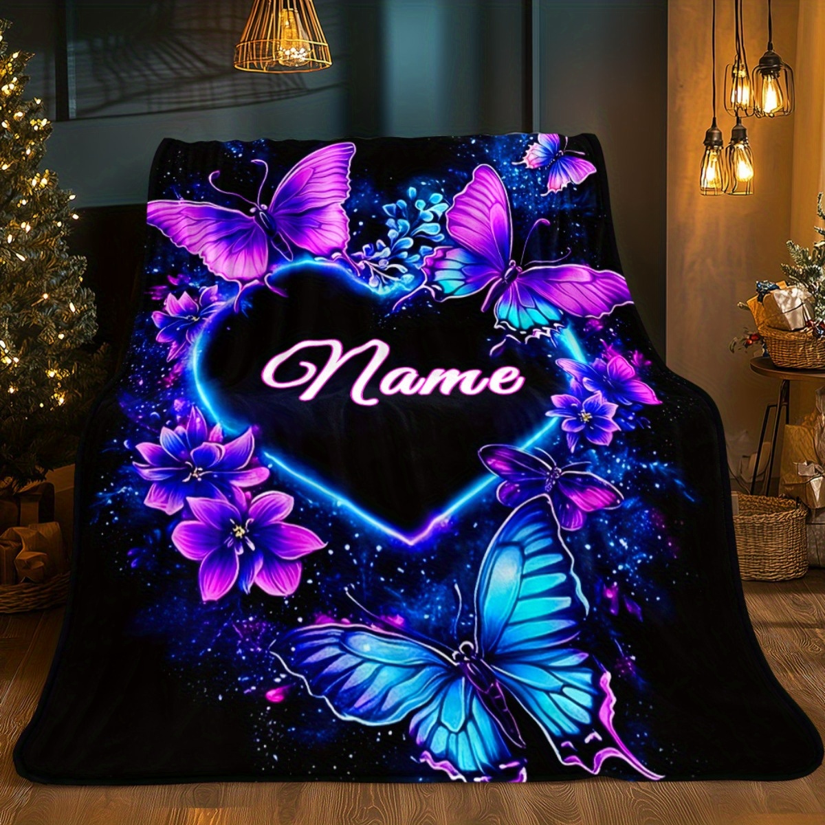 TEMU Custom Name Heart With Motif Blanket- Lightweight Flannel Throw For Sofa, Outdoor, Camping, Livingroom, Office, Chair, And Bed - Digital Printing Soft And Warm Flannel Blanket Warm
