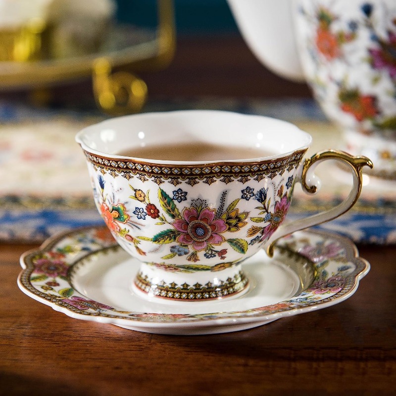   vintage floral bone china tea cup and saucer set for 1 - elegant 6.8oz tea service with  , pink/red/blue/green/white/black/golden floral patterns, durable & lightweight, gift box included - ideal for  , weddings, housewarming -   set with embossed flowers design, high-temperature   for long- ,   coffee or tea,   matching saucer and spoon, teacup, cups for tea Product details 2