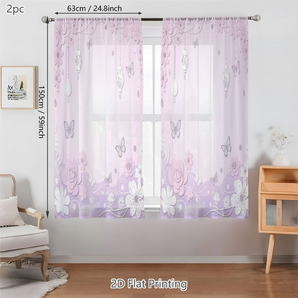 TEMU Plat 2D, 2 pièces de rideaux voilages printemps-été, motif fantaisiste découpé au papier avec et lanternes, parfaits pour salons, chambres,
