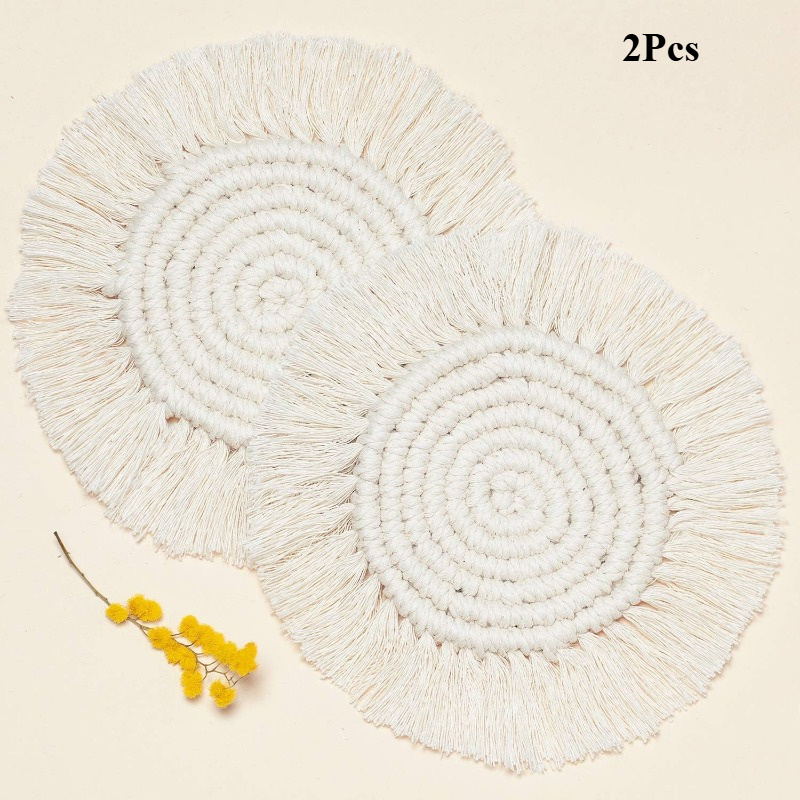 2pcs Macrame Coasters Woven Boho Handmade Absorbent Placemats, For Desk Table Kitchen Dining Room Drink Picnic Housewarming Home Decor Rattan Wicker Bamboo(marshmallow)