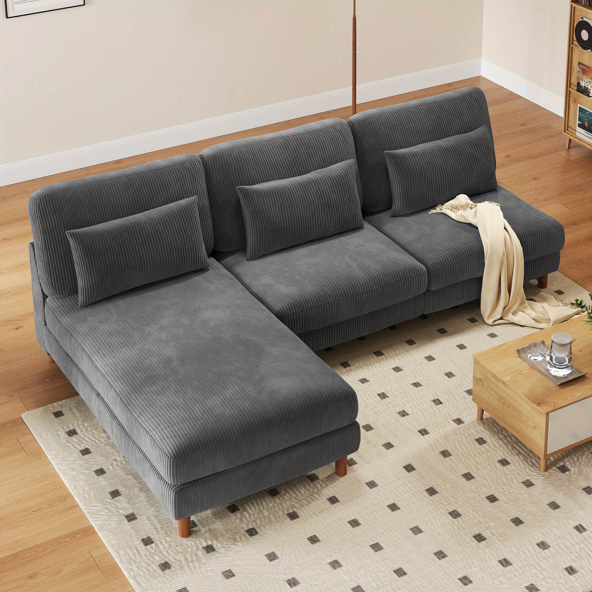 Image of 256cm Convertible Sectional Sofa Couch 3 Seat Sofa For Living Room L-shaped Modern Corduroy Fabric