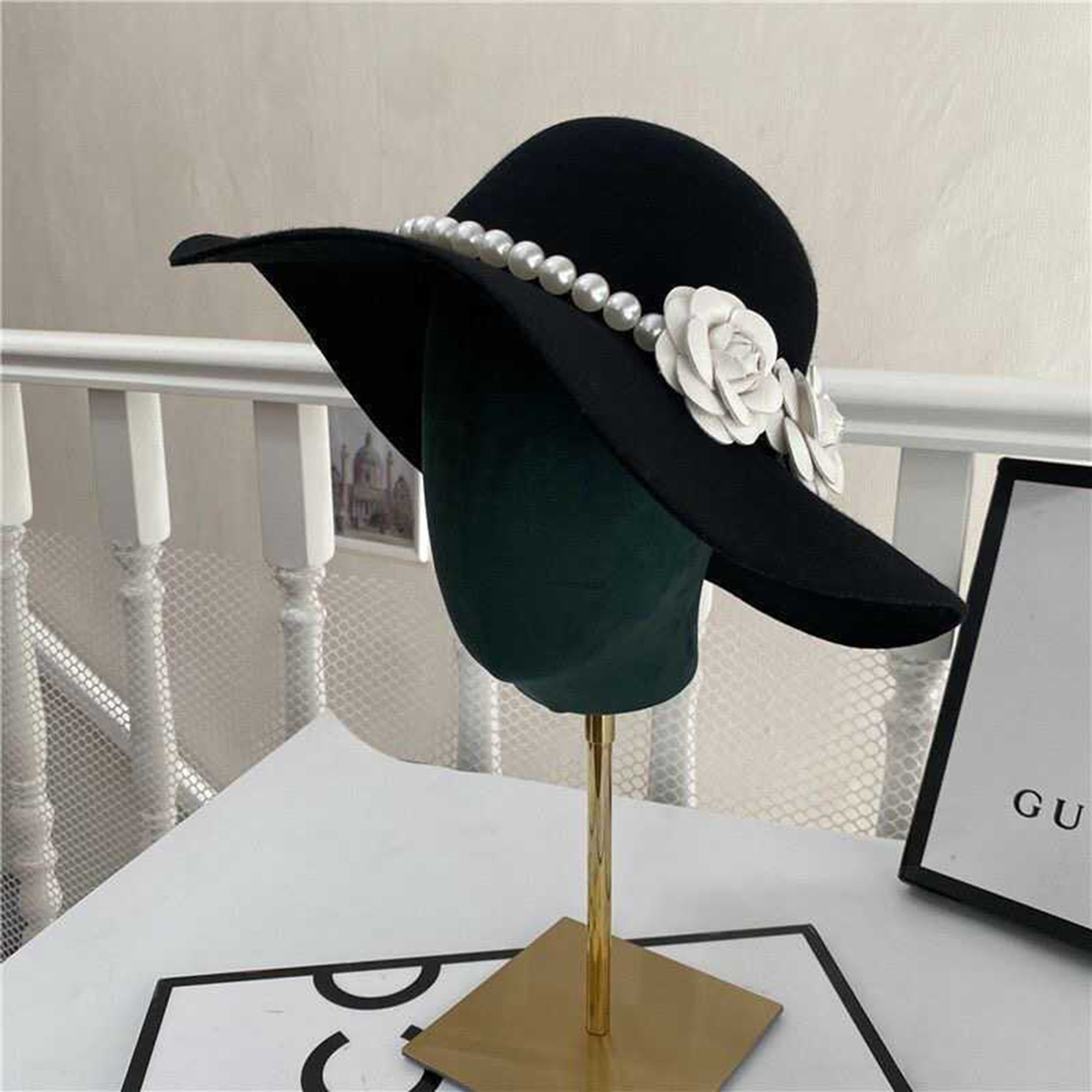 Elegant Black Wide-Brim Hat with Pearl Accents 1pc elegant french style womens black top hat large brim - Temu main image 4
