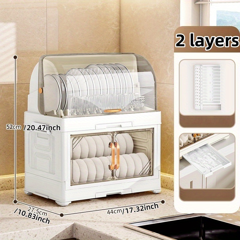 item picture a foldable multi layer draining bowl cabinet with a flip cover dustproof dish rack for kitchen storage and utensil organization