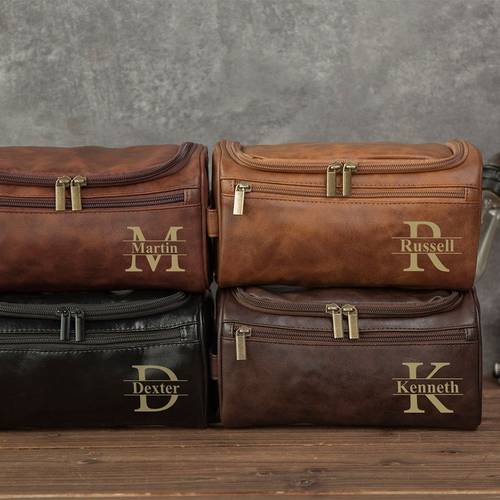 personalized mens makeup bag customized carved hanging cosmetic pouch travel grooming organizer or fathers day gift durable brown with golden zipperper hand wash only personal care accessory customizable bag zipper closure makeup travel ba