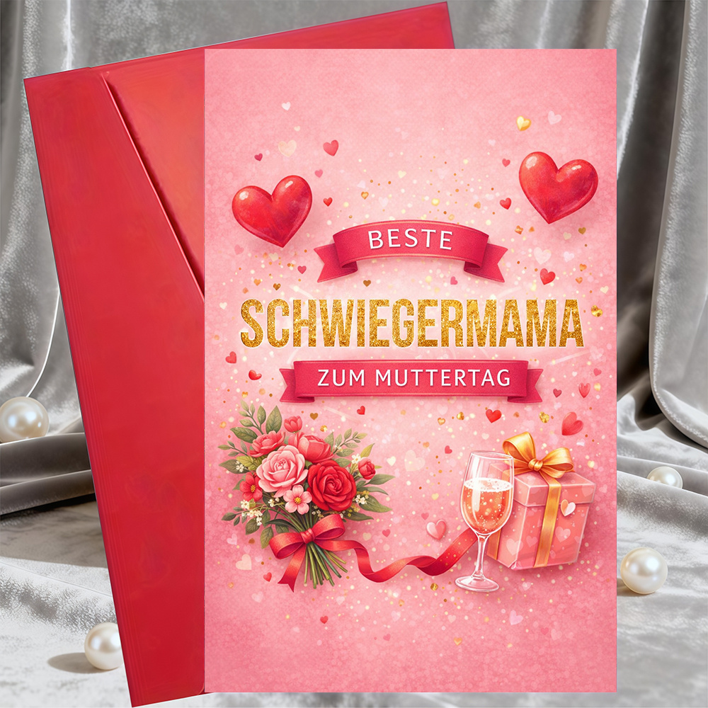 E-shop 1 Grußkarte + 1 Umschlag – Beste -Karte zum Muttertag mit romantischen Herzen, Blumen, Geschenkbox Weinglas – zum Feiern Ihres besonderen
