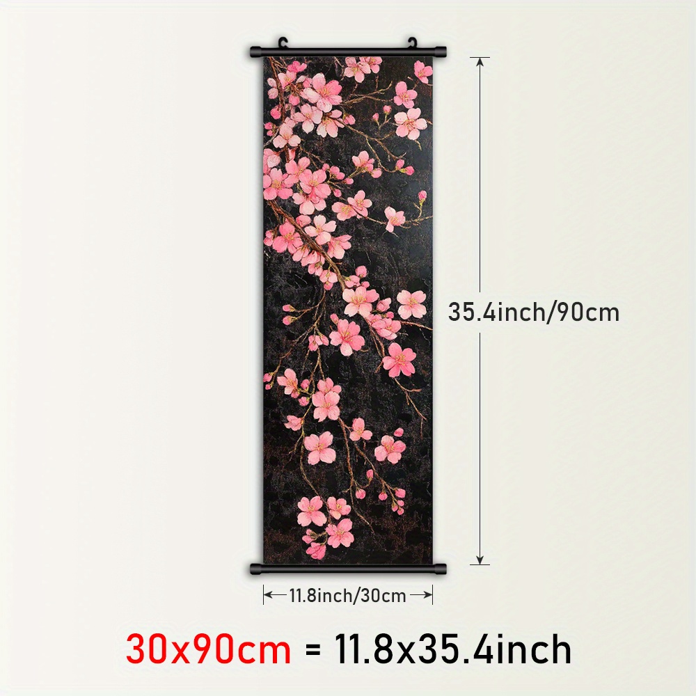 TEMU 1pc Framed Pink Scroll Painting - Wall Art, Black Background With Pink Flowers, Plastic Frame & Hanger, Ideal For Living Room, Bedroom, Dining