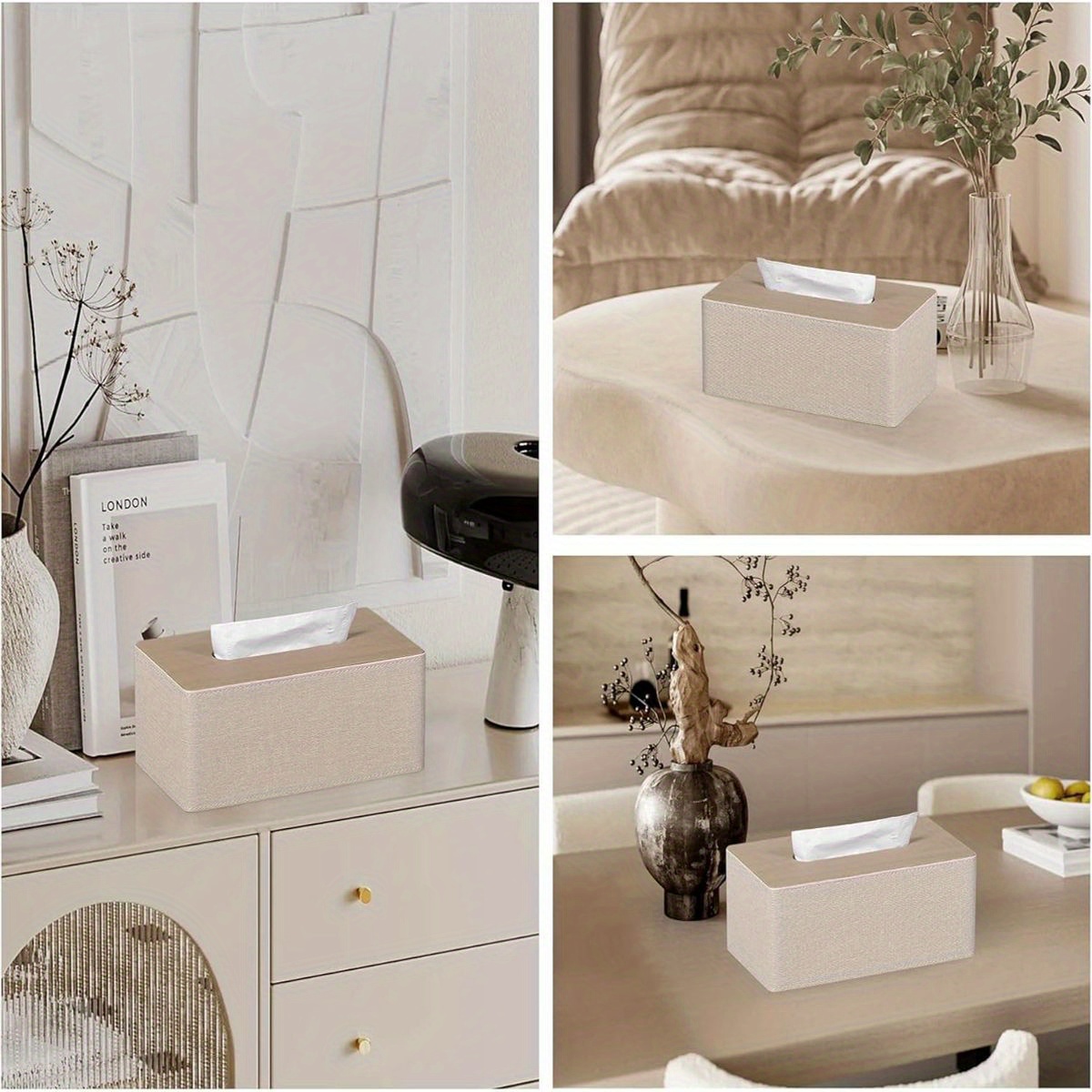 modern rectangular tissue box cover with magnetic closure - beige pu leather bathroom organizer, high quality dustproof storage cabinet holder for dresser, fits 9.8”l x 5.3”w x 4.3”h tissues - compatible with  //napkins - easy-  &   in beige, brown, black, white, gray, navy blue, light green, pink, purple, orange, red, yellow, and more, tissue holder bathroom Product details 2