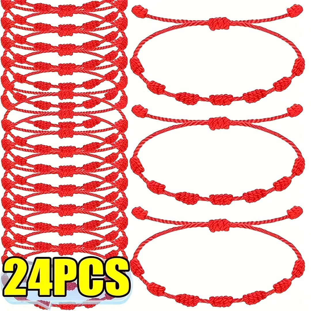TEMU 24pcs Adjustable Red String Bracelet With 7 Knots - A And Protective Charm For Couples , A Fashionable Accessory
