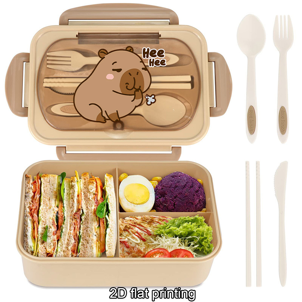 Image of [authorized] Cartoon Print Capybara Bento Lunch Box With Compartments And Utensils, Portable Food Container For School, Office, Picnic, And Travel, Prep Solution For Adults.