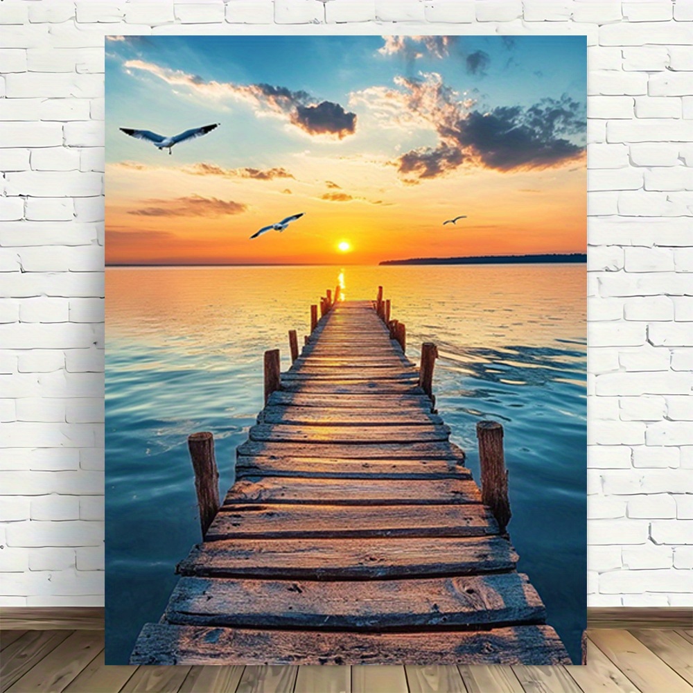 TEMU 1pc Frameless Canvas Wall Art - Wooden Pier Ocean Sunset Modern Vintage Coastal Decor, High-quality Printed Vertical Wall Art For Living Room,