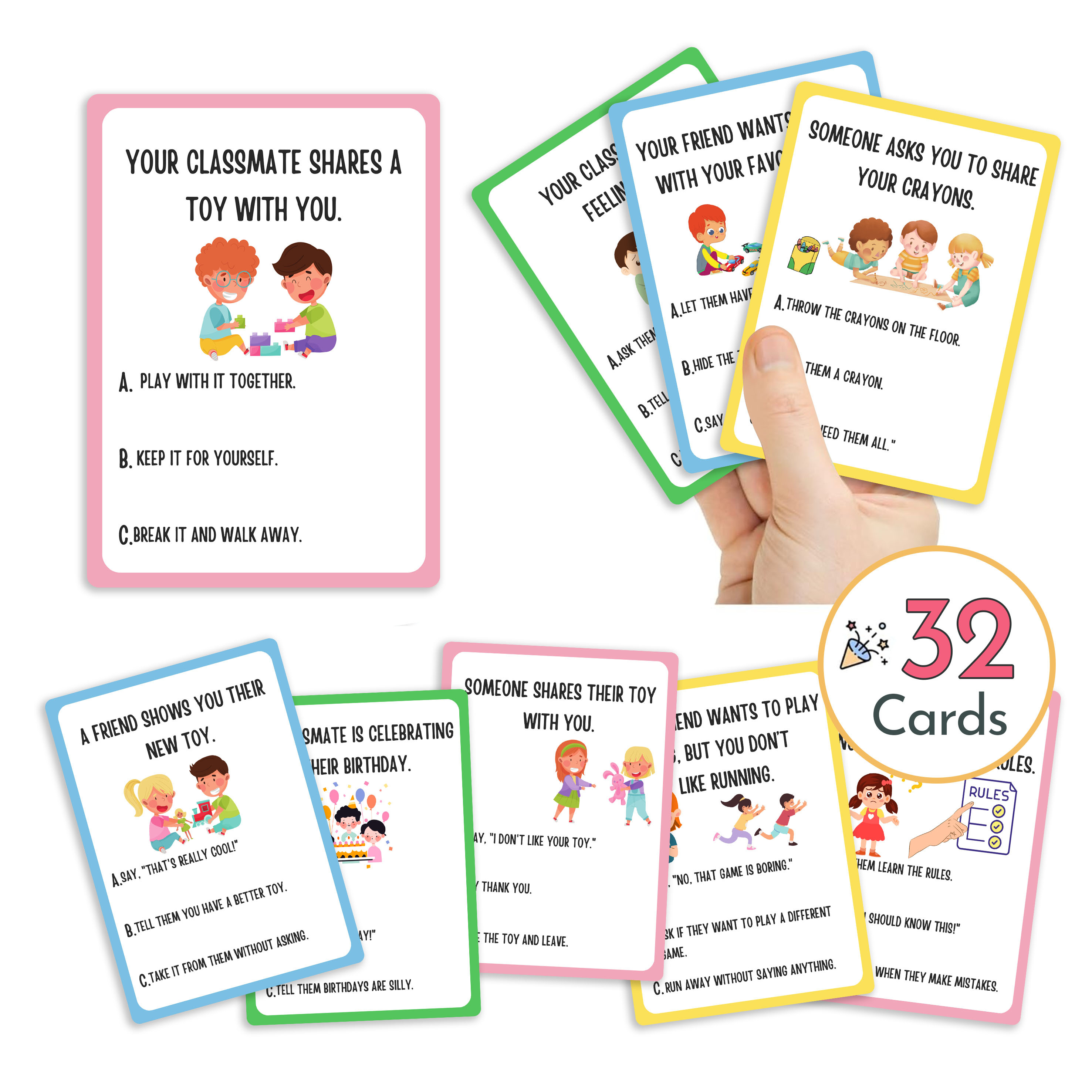 TEMU Building : 32 Social Interaction Cards For Kids - Interactive Q&a Cards, Social Skills Teaching, Empathy, Communication, Emotional Learning,