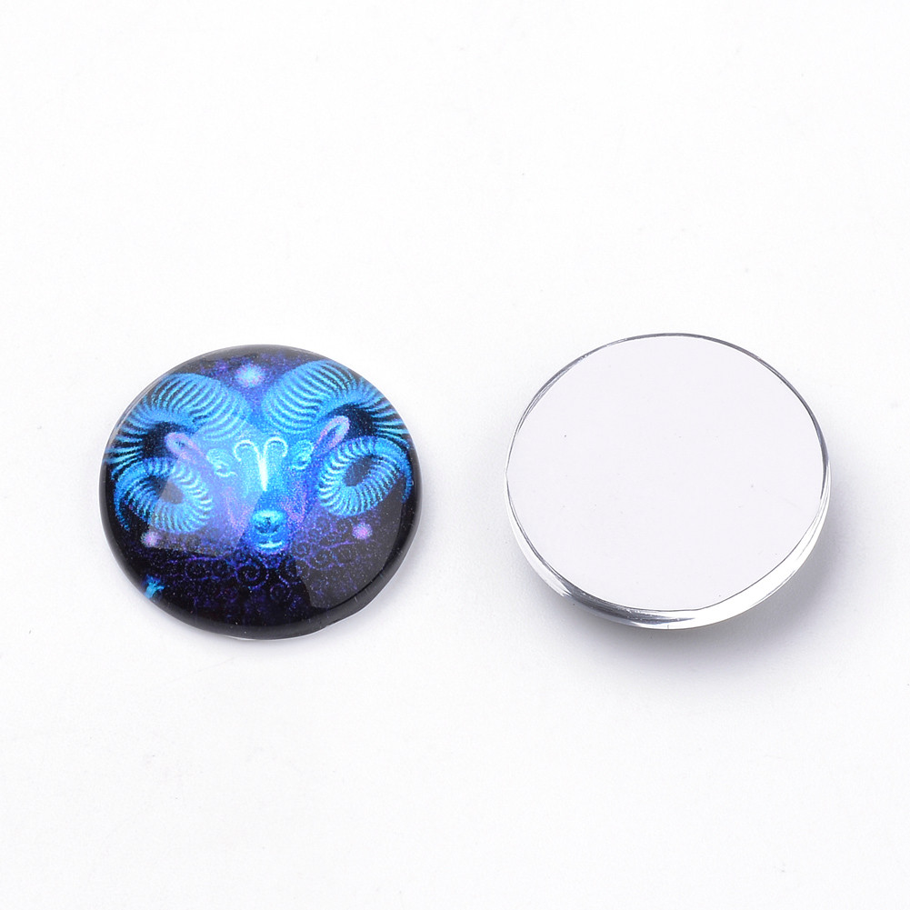 20pcs flatback glass cabochons for projects constellation sign pattern blue and white floral printed dome half round   brown mixed color mixed shape