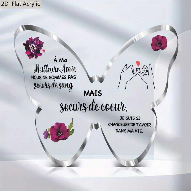 TEMU Plat 2D, 1 pièce, Français, Cadeau pour Amis, Motif de Fleurs Violettes, Décoration de Bureau en Acrylique de Papillon, Décoration d'Intérieur,