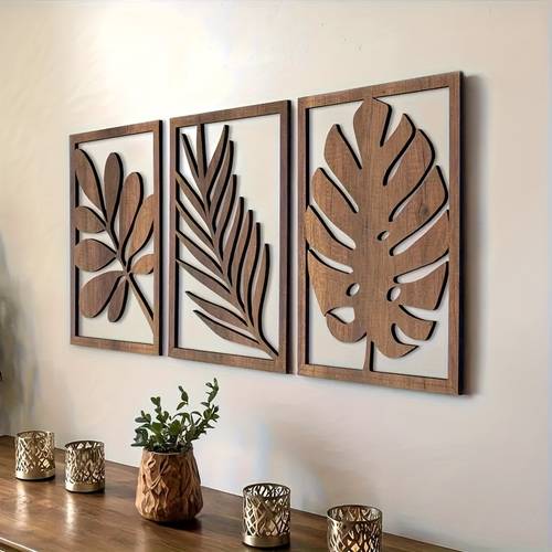 2D Plat, 2D Plat Houten Bedrukte 3-delige Rustieke Wandsculptuurset, 3-delige Set, Houten Woondecoratie, Grote Wandkunst voor Woonkamer, Kunstpatroon Decoratie, voor Slaapkamer en Kantoor, Haldecoratie, Gangdecoratie, Eenvoudig te Installeren, Plantenbladeren, Natuurlijk Patroon, Bladpatroon