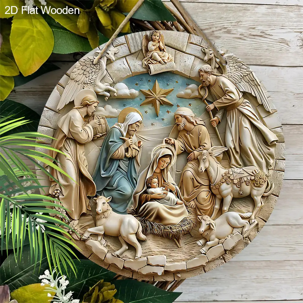 TEMU 2d Flat 2d Flat Classic Wooden Nativity Decoration: The Family Of Mary, And Joseph, Along With Sheep And A Horse. Wall Hanging, No Electricity