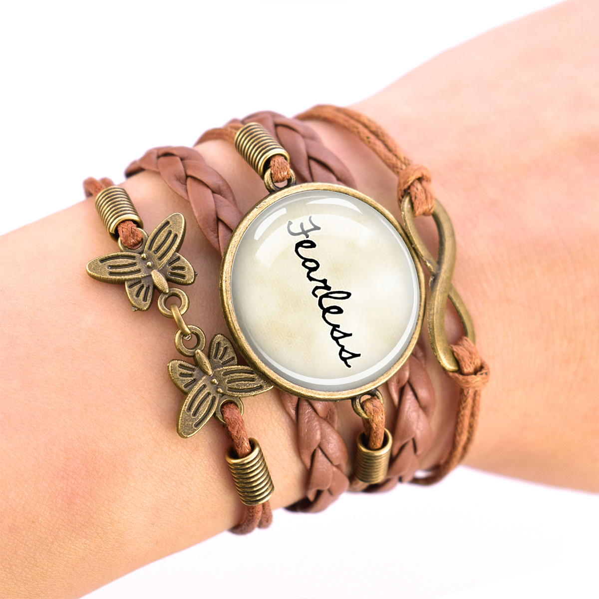 Adjustable Vintage Brown Bracelet with Dome Glass Inlay