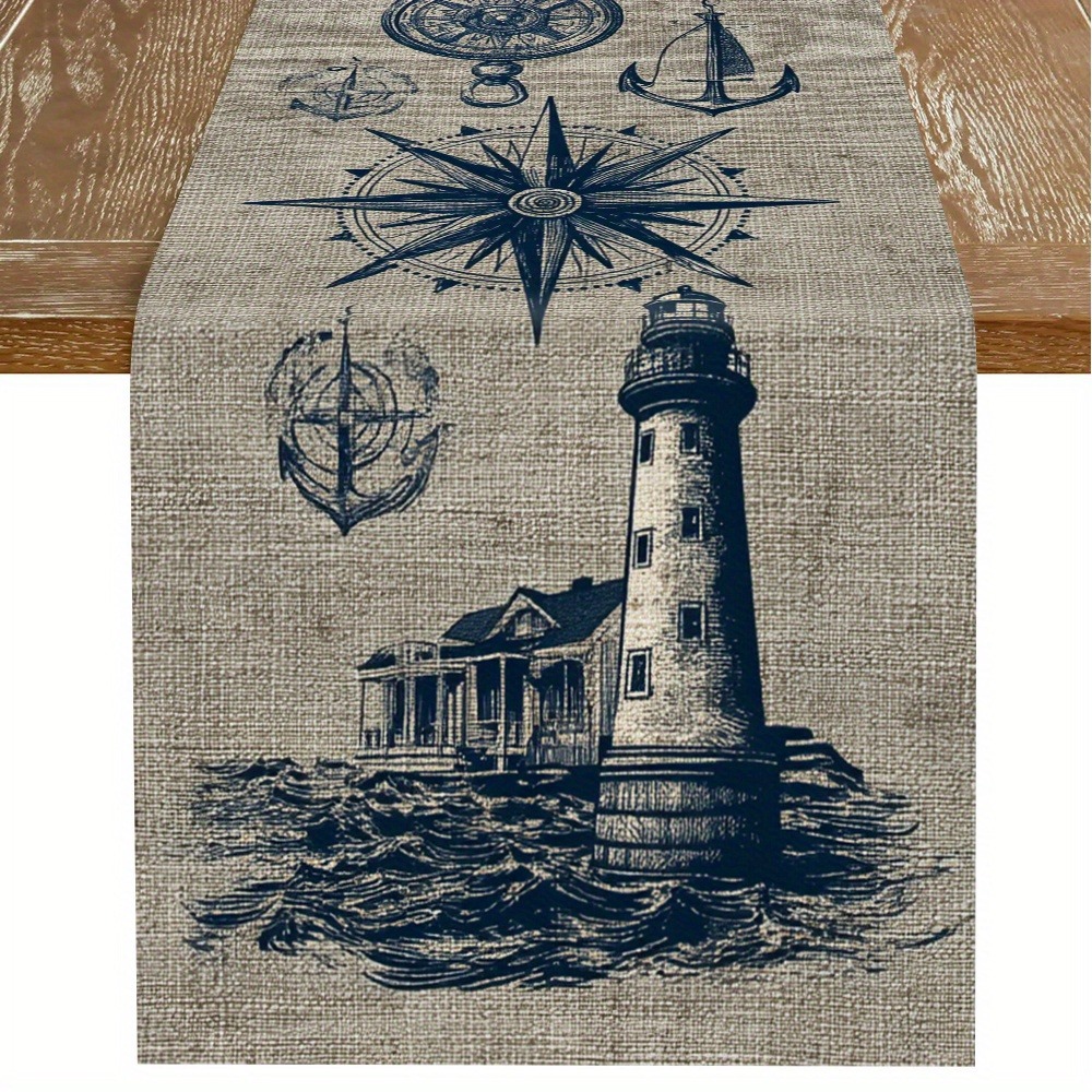 1pc Linen Nautical Table Runner With Compass, Anchor, And - Linen Texture, Perfect For Home And Ocean-themed Decor