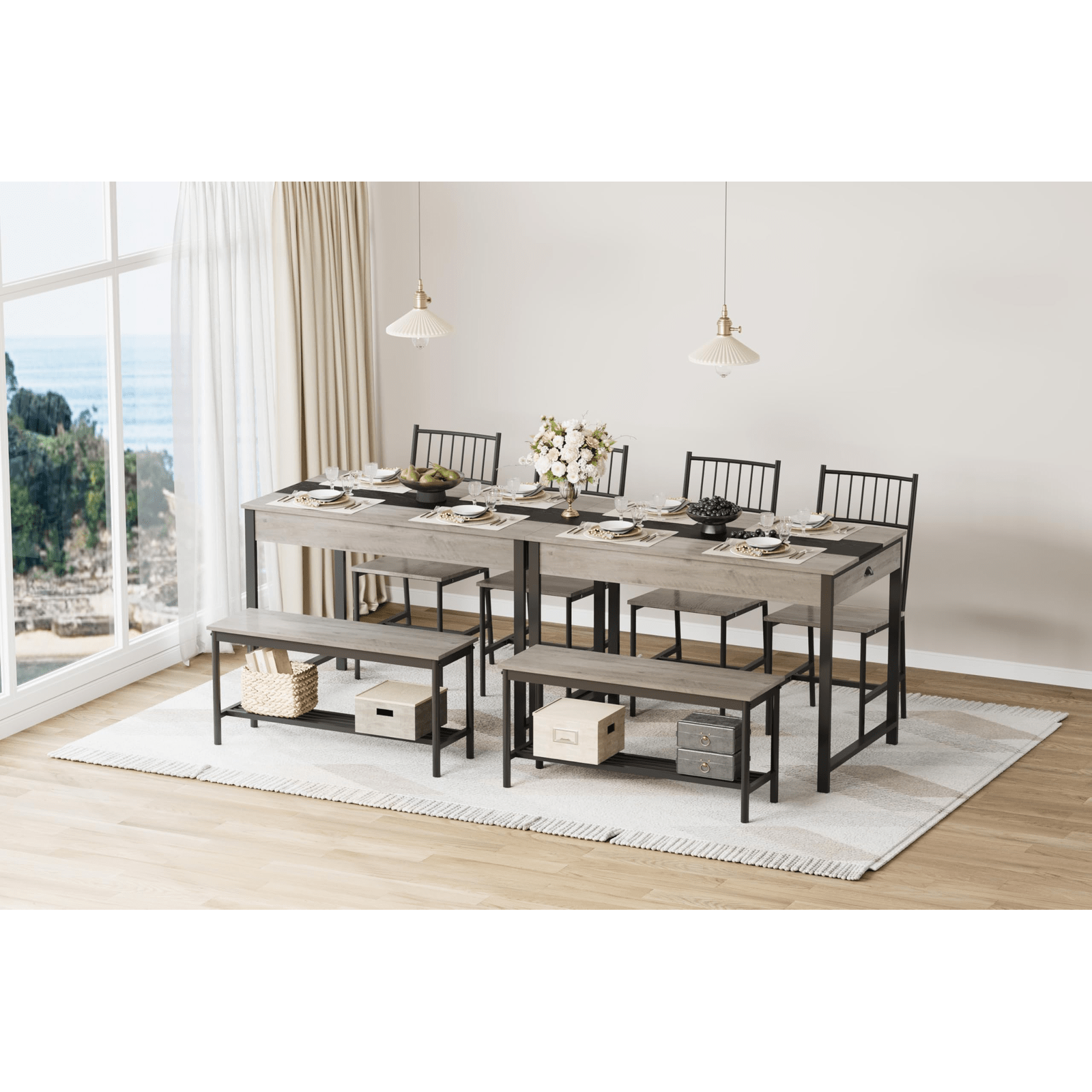 GarveeHome Dining Table Set for 4, Small Kitchen Table and 2 Chairs for 4 with Bench, Space Saving Kitchen Table Set with Storage Rack & Drawers, Breakfast Nook Rectangular Farmhouse Table Set, Grey