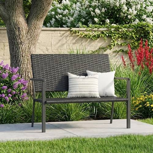 outdoor pe rattan wicker loveseat 2 seater garden bench with sturdy metal frame all weather patio love seat for porch balcony backyard deck poolside
