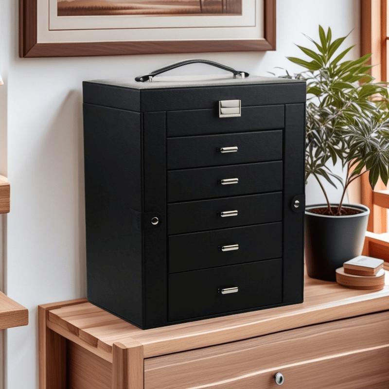 6 layer black   leather jewelry storage box with   removable drawers   elegant organizer for bracelets watches rings necklaces earrings jewelry box Product details 1