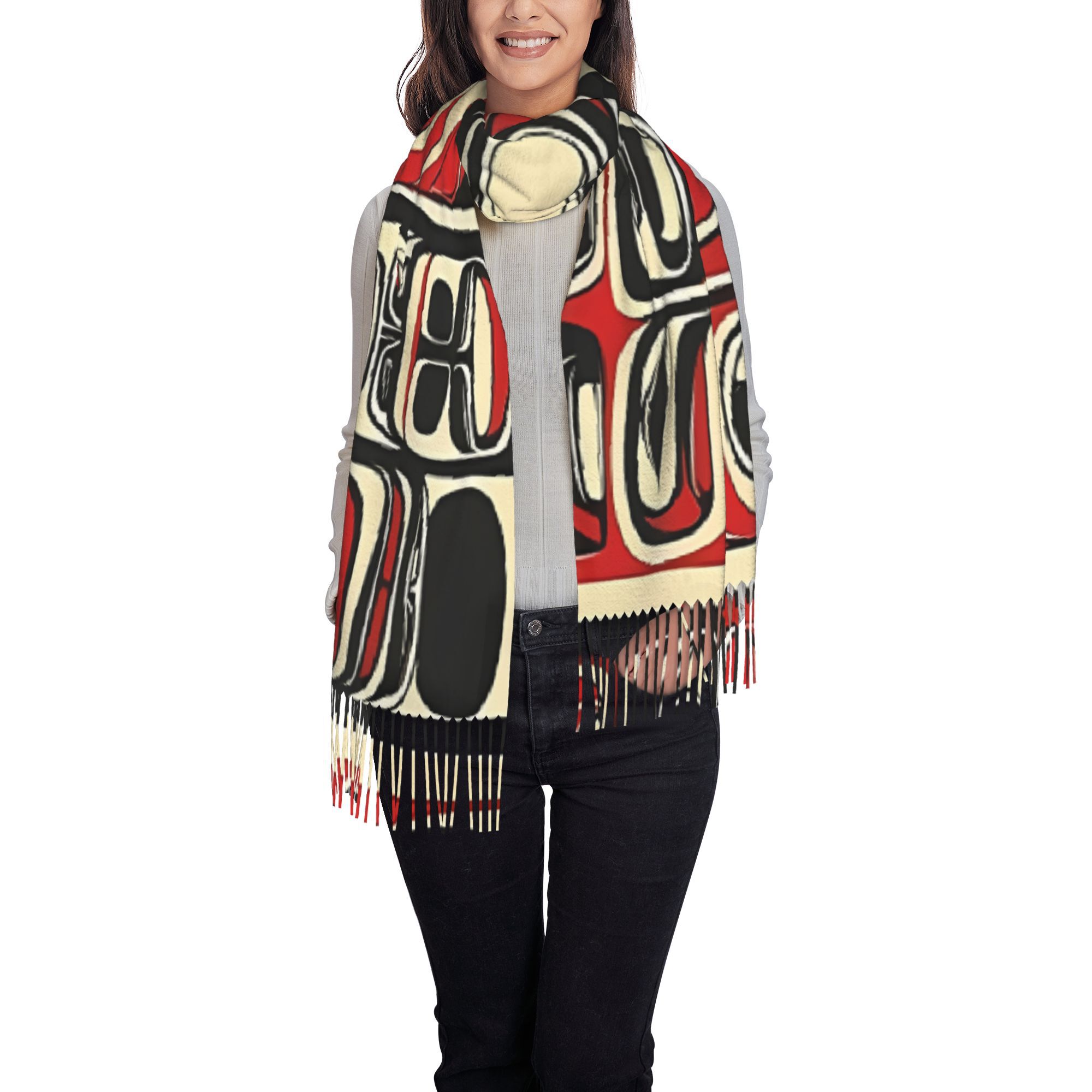 TEMU Zlienszus Women's Vintage Spirit Fringe Long Scarf - Cultural Tribal Shawl Wrap With Fringe Ends, Cozy Layering Piece For Autumn/winter, Daily