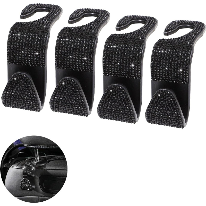 TEMU 4pcs Bling Car Seat Hook Set With Rhinestones - Stylish Black Abs Organizers For Handbags, Bags, Coats | & Auto Accessories, Car Seat Accessories