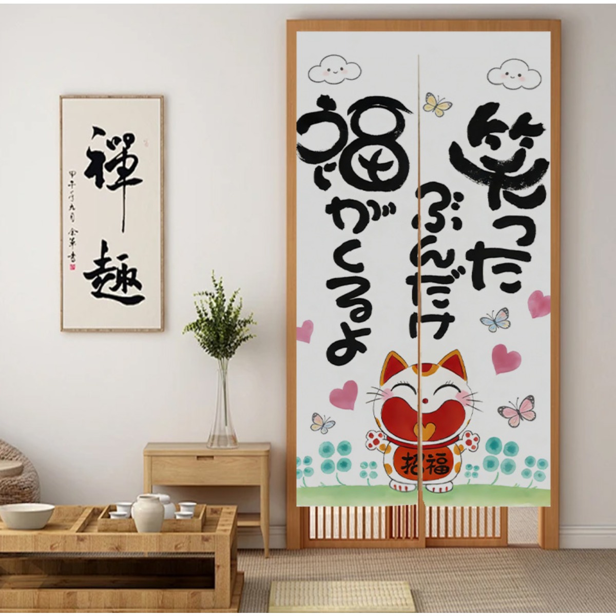 TEMU 【商品名】猫柄、黒字、ピンクハートの生地装飾が施された、リビングやダイニングに最適な日本風ドアカーテン。軽量で丈夫な仕切りカーテン。