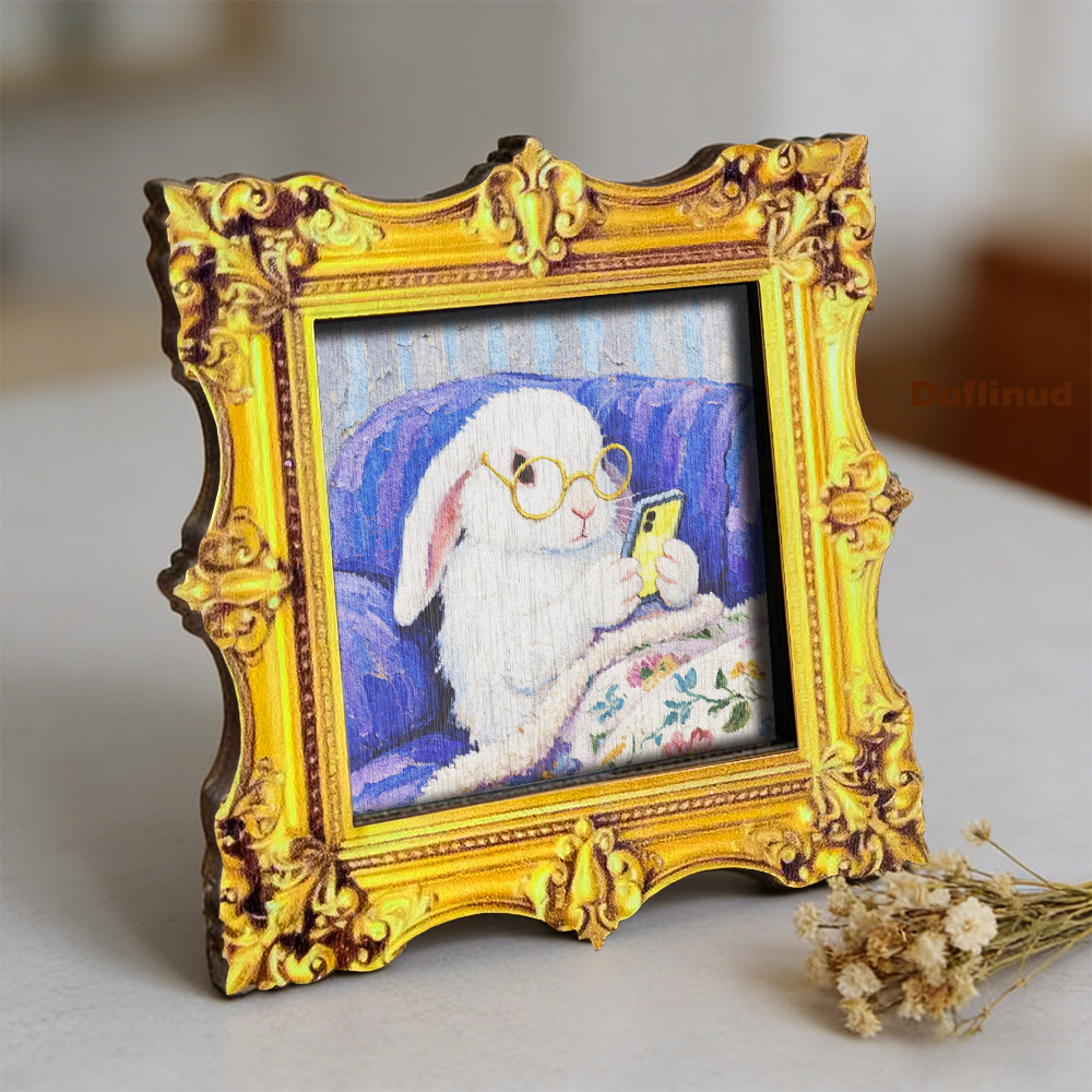 TEMU 1pc Wooden Cute Rabbit Fridge Magnet, Mini Decorative Painting, Micro Decorative Painting Round Glasses White Rabbit Looking At Phone, Wooden