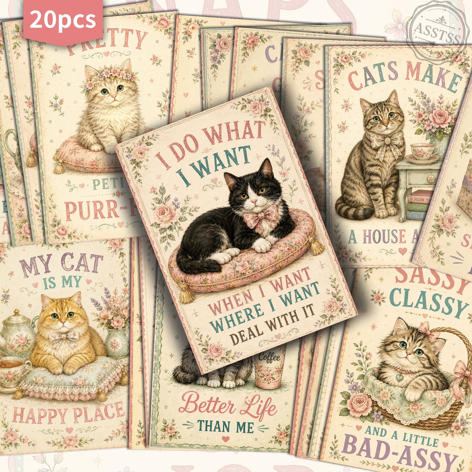 TEMU 20-pack Asstss Vintage Cute Cat Quotes Postcards - 4x6 Inches Retro Junk Journal Supplies, Classic Pinup Illustrations Collectible Decorative