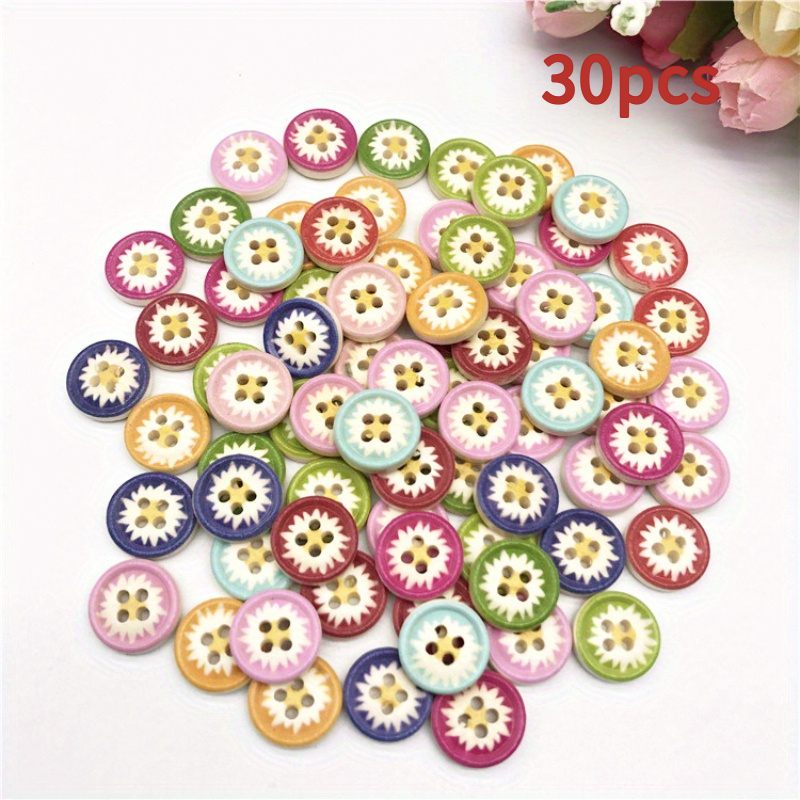 TEMU 30pcs Mixed Color 15mm/0.59in Four-hole Wooden Buttons- Vibrant Pink, Yellow, Green And Resin Sewing Additions For Crafts, Clothing And Doll
