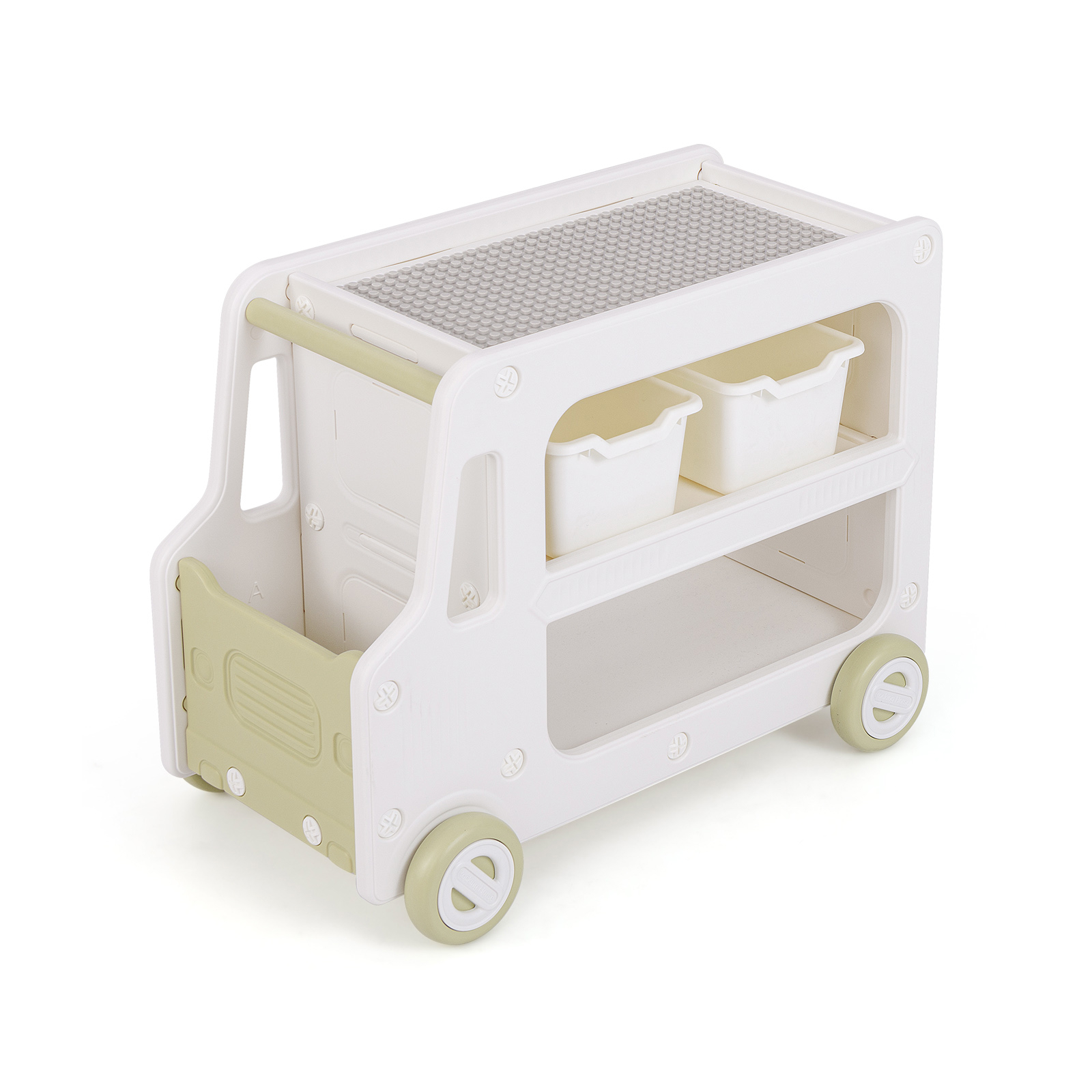 Image of 2 In 1 Car Shaped Cabinet | Kids Storage Organizer With Safe Hdpe Frame, 2-tier Opening Shelf, Building Block Panel, 2 Storage Baskets | Green, Goflame Brand