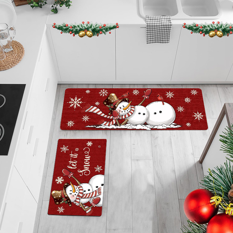 TEMU 1/2/3pcs Snowman & Snowflake Mat Set - Soft Flannel Christmas Kitchen S With Pvc Backing, Easy-clean Winter Theme For Living Room, Bedroom, Rv -