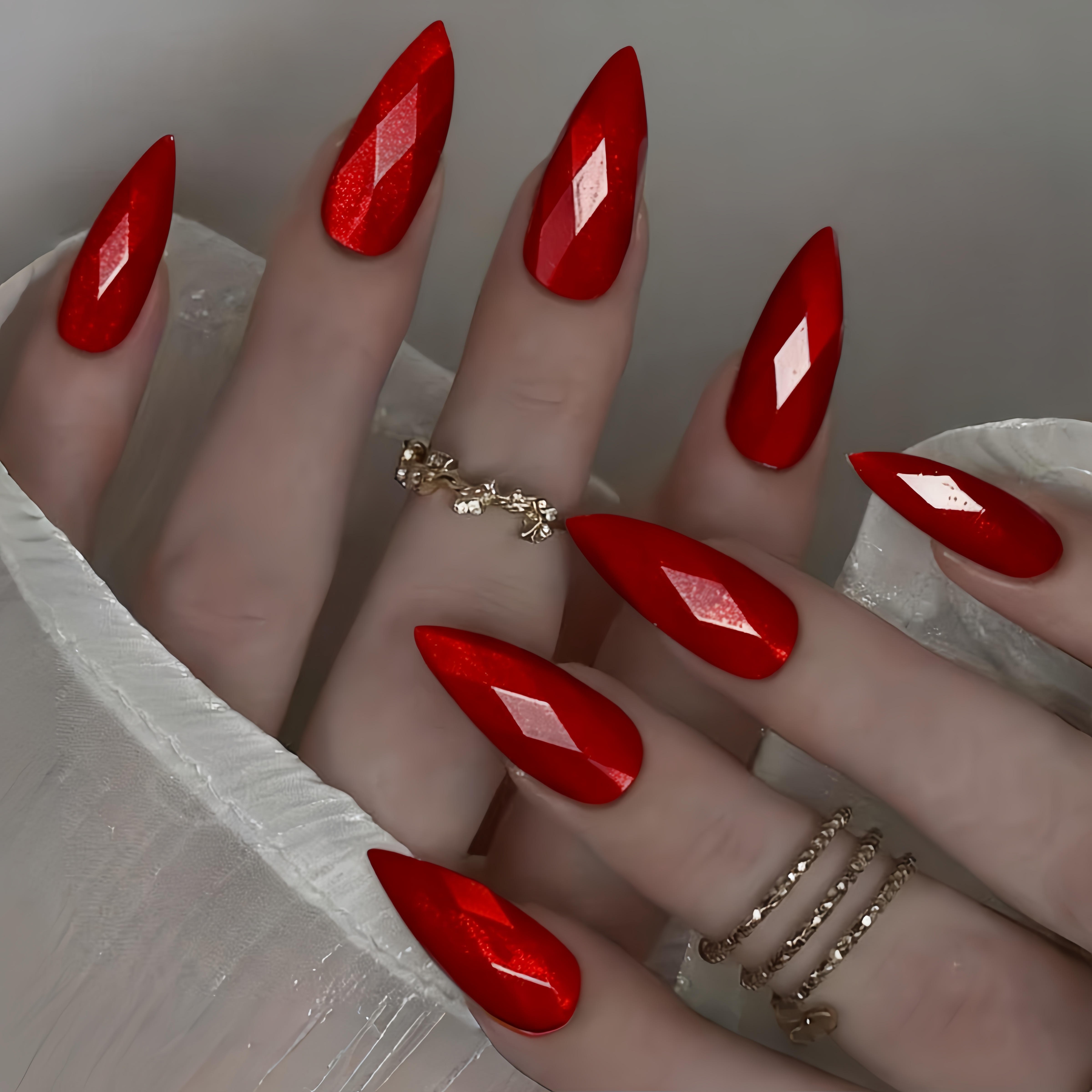 TEMU 24pcs 3d Red Diamond Lattice Manicure Solid Color Fake Nails Detachable Manicure Press On Nails Almond Wearable Nails Medium Long Nails Reusable