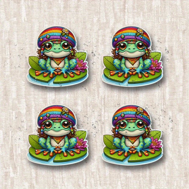 4pcs Vibrant Hippie Frog Stickers - Colorful Cartoon Frogs with Rainbow Hats,   & Floral Accents - Durable Vinyl Decals for Bumpers, Windows, Laptops, Trucks,  , Water Bottles -   Design, Frog Decor