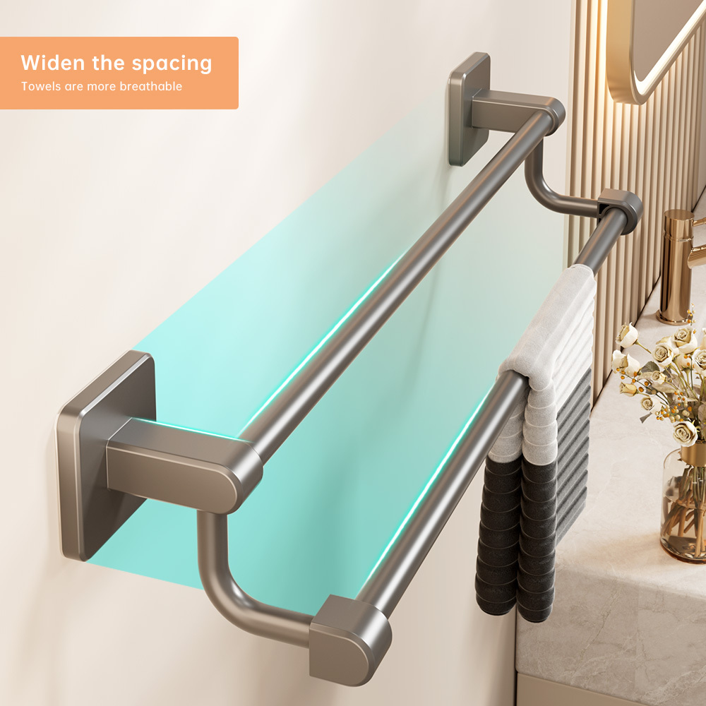 TEMU 1pc Double Rod Towel Rack, Bathroom Additions, Nail-free Adhesive Towel Rack, No-drill Installation Does Not Hurt The Wall, Bathroom Storage Box