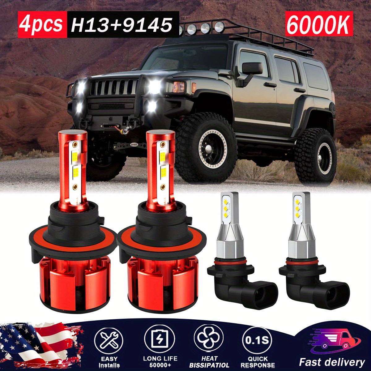 Car Accessories Bulbs Fit For Hummer H3 2006-2010, 9008/h13 Beam+9145 Fog Lamp Bulbs Combo Kit, Without Battery