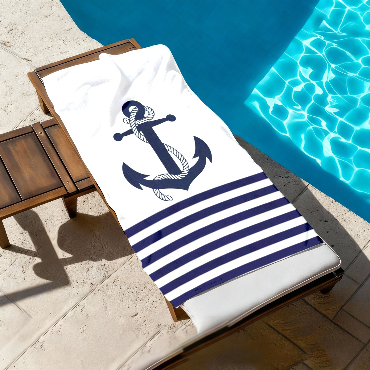 TEMU 2d Flat, [2d Flat Printing] 1pc Navy Blue Anchor Stripe Beach Towel | Quick-dry, | Large Beach Towel | Men's Beach Towel | Women's Beach Towel |