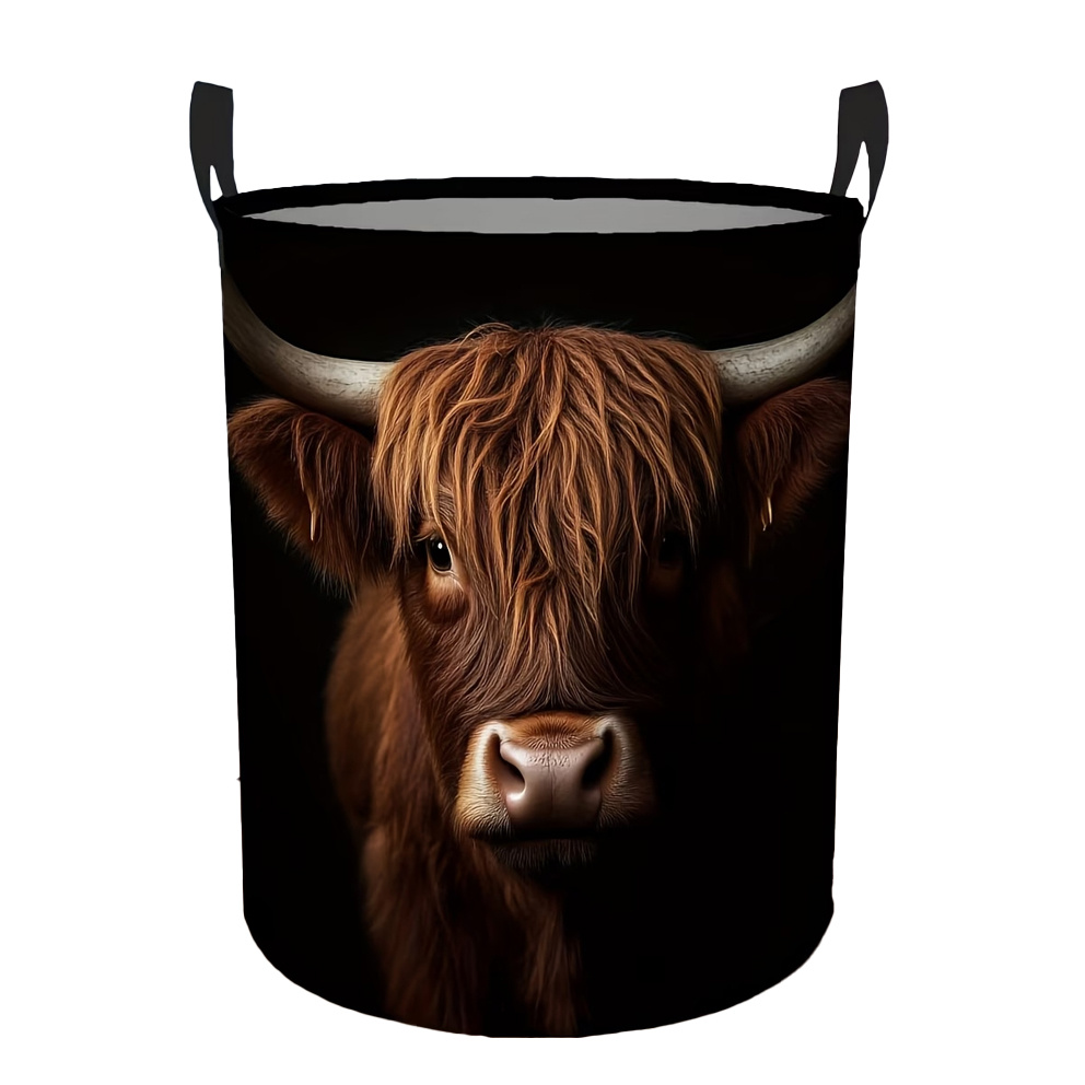 TEMU 1pc Highland Cow Pattern Storage Basket, Foldable Laundry Basket With Rural Style Printing, Storage Basket, Suitable For Bathroom And Room