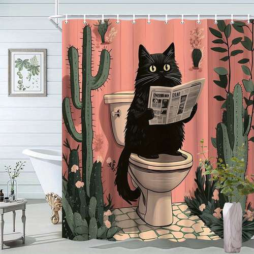 Woutay Waterproof Shower Curtain - Black Cats On Tree Design, 180x180cm, Mould Resistant Polyester Fabric With 12 Hooks
