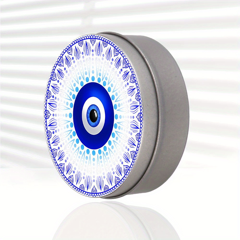 TEMU 1pc, Interesting Blue And White Evil Eye Pattern Round Metal Tin Box, Mini Portable Small Lid Storage Box, Rectangular Tinplate Storage
